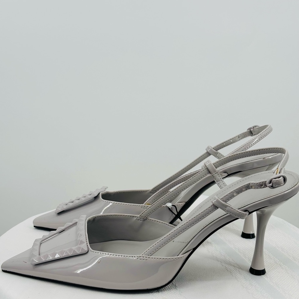 Mango Light Gray Patent Slingback Kitten Heels Size 7.5 - Picture 3 of 7